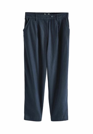 Pantalon bleu marine ajusté avec poches latérales, fermeture par bouton à la taille et coupe droite, présenté sur fond blanc.