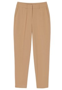 Pantalon beige sur mesure en tissu lisse, coupe fuselée, plis avant et poches latérales, avec une ceinture standard.