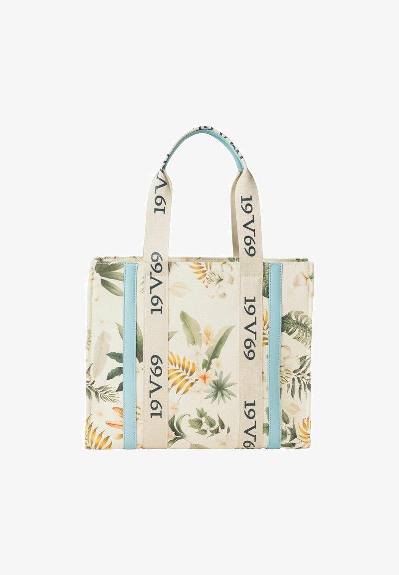 Bloemenprint draagtas van crème stof met blauwe accenten en beige handvatten met tekst. Vierkante vorm met twee handgrepen aan de bovenkant.