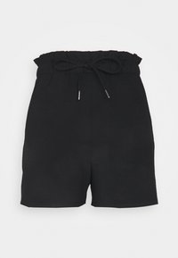 Pantaloni corti neri realizzati in un tessuto morbido, con una vita elastica dotata di cordino e un design dritto di lunghezza media fino alla coscia.