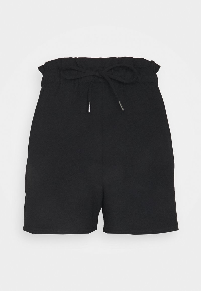 Černé šortky vyrobené z měkké tkaniny, s elastickým pasem a šňůrkou na stažení, a rovný design do délky nad kolena.