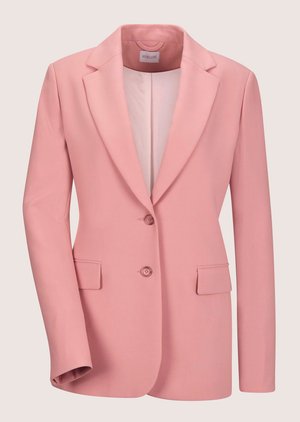 Enkelrijks roze blazer met twee knopen, notch revers, lange mouwen en klepzakken aan beide zijden.