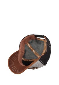 Casquette noire et grise avec un dessous de visière marron, intérieur en mesh et marquage le long de la bande intérieure. Le design présente des coutures visibles.