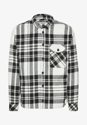 Sort-hvid ternet flannel skjorte med lange ærmer, knaplukning foran og en enkelt brystlomme med en trekantet flap.