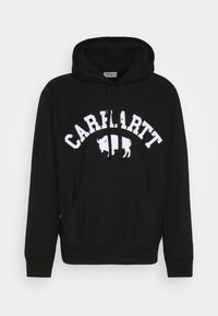 Černá mikina s kapucí s bílým logem "Carhartt" a grafikou bizona, vyrobená z měkkého materiálu s klokánkovou kapsou a nastavitelnou kapucí na šňůrku.