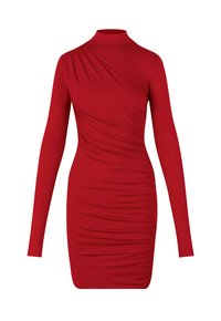 Rood lange mouwen jurk met een hoge halslijn, voorzien van geplooide textuur langs het lichaam voor een aansluitende silhout. Soepele, rekbare stof.