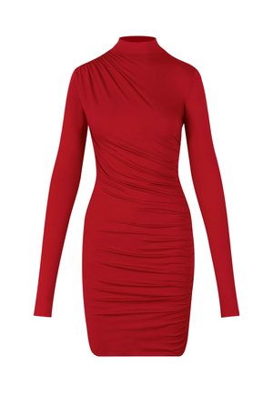 Rood lange mouwen jurk met een hoge halslijn, voorzien van geplooide textuur langs het lichaam voor een aansluitende silhout. Soepele, rekbare stof.