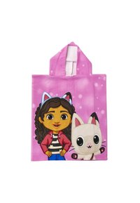 Couverture à capuche rose présentant une fille de dessin animé avec des cheveux bouclés et un tee-shirt rayé à côté d'un chat blanc avec des accents noirs et un cœur rose.