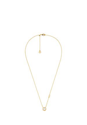 Zarte goldene Halskette mit rundem klarem Edelsteinanhänger und kleinem Goldanhänger nahe dem Verschluss auf weißem Hintergrund.