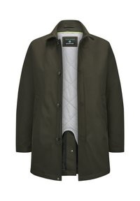 Olivgrüne Außenjacke mit klassischem Kragen, Knopfverschluss und gestepptem weißen Innenfutter. Verfügt über Seitentaschen und eine glatte Textur.