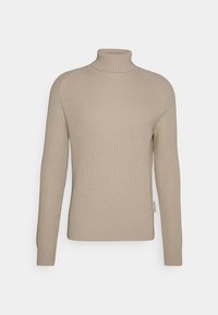 Beige Rollkragenpullover im Rippenstrickmuster, mit langen Ärmeln, enganliegenden Bündchen und einem dezenten Markenetikett an der Seite.