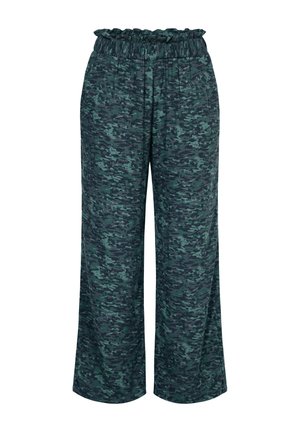 Volné kalhoty širokých nohavic s tmavě zeleným a černým maskáčovým vzorem a elastickým nařaseným pasem.