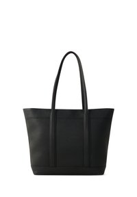 Sac fourre-tout en cuir noir avec une texture lisse, des côtés hauts, des poignées robustes doubles et des détails de couture subtils le long des coutures.