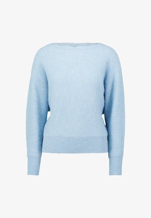 Jasnoniebieski sweter wykonany z miękkiej, teksturowanej tkaniny. Posiada szeroki dekolt, długie rękawy oraz ściągacze na mankietach i u dołu.