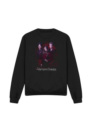 Black sweatshirt featuring three characters from The Vampire Diaries with dark red background details and the show’s title below.