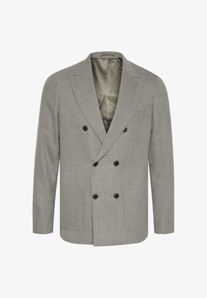 Szürke és fekete kockás, dupla soros zakó, kihajtott gallérral, két sor fekete gombbal és sima béléses belsejével.