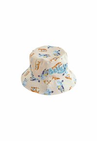 Pălărie tip bucket, confecționată dintr-un material ușor, având o bază crem cu modele colorate de câini cartoon și broderie pufoasă "Bluey".