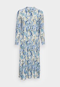 Långärmad klänning med ett blommönster i blått, ljusblått och guld på en vit bakgrund, med rak skärning och längd under knät.