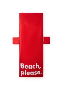 Asciugamano da spiaggia rosso con una trama liscia; presenta il testo "Beach, please." in grandi lettere bianche. Maniglie laterali per un facile trasporto.