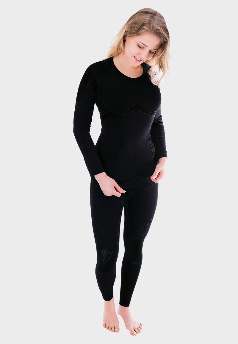Black thermal long-sleeve top and leggings with fitted design, textured accents, and seamless construction, made from stretchy, moisture-wicking fabric.