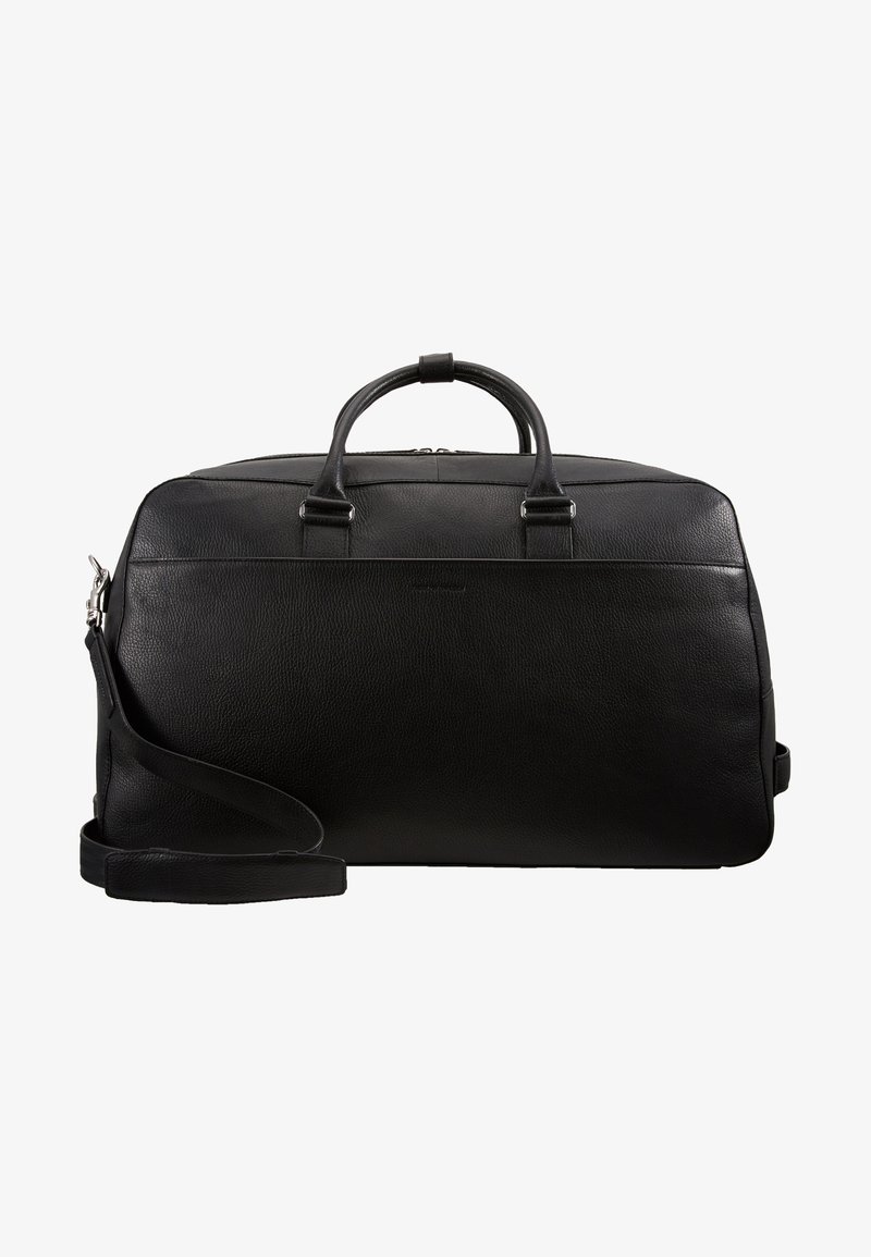 Schwarze Leder-Duffel-Tasche mit strukturiertem Finish, doppelten Griffen, verstellbarem Schultergurt und Reißverschluss. Besonders mit feinen Nähten und Markenbranding.