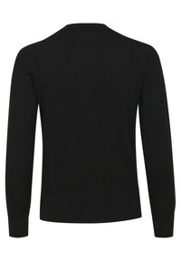 Maglione nero a maglia, maniche lunghe, scollo rotondo, polsini e orlo a coste attillati, superficie liscia, senza motivi o decorazioni visibili.