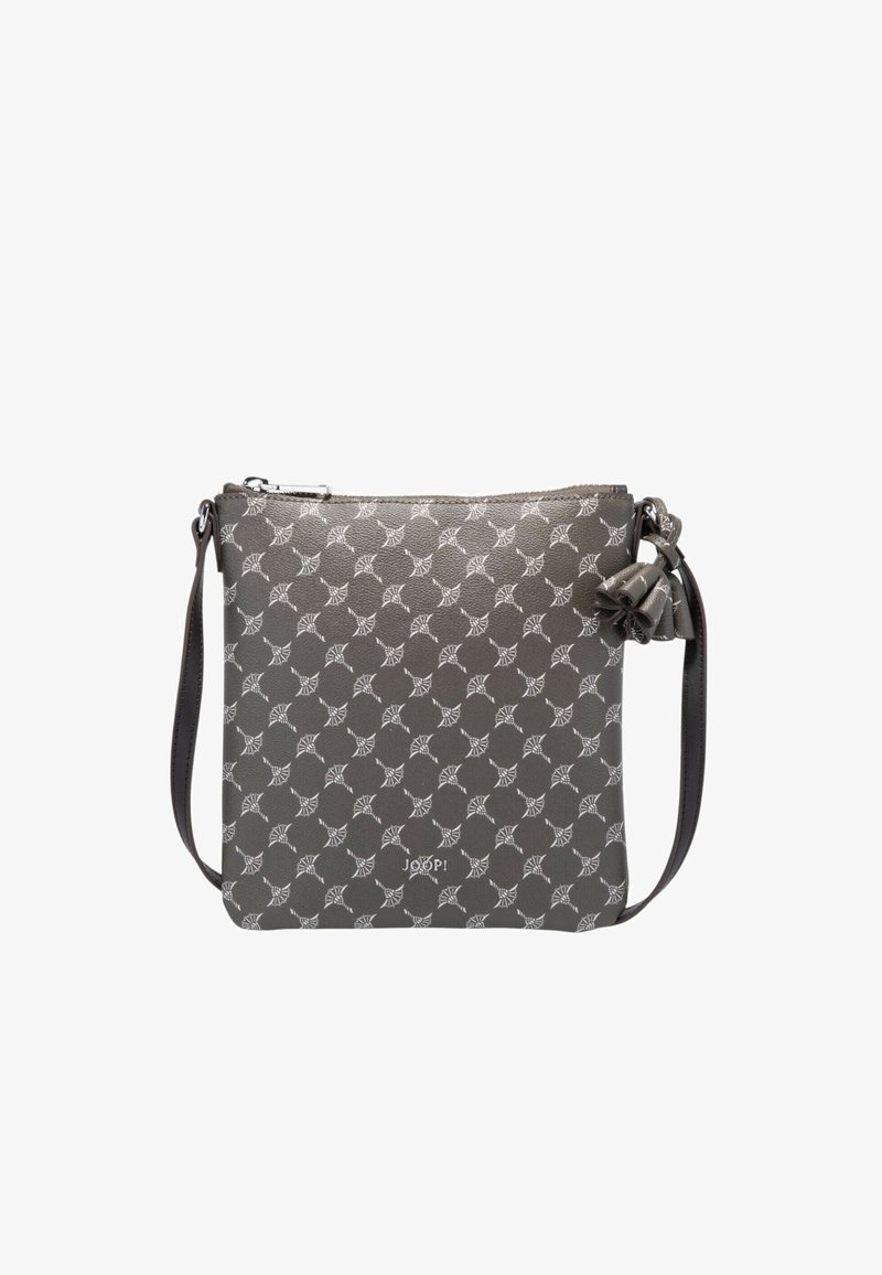 Sac bandoulière gris avec motif blanc en forme d'éventail, une décoration à pampilles sur le côté, et une fermeture éclair sur le dessus.