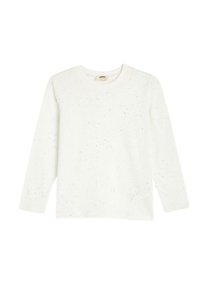 Chemise blanche à manches longues en coton doux, présentant un motif moucheté de diverses couleurs. Col rond classique et design à ourlet droit.