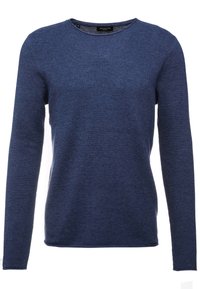 Pull bleu marine à manches longues en tissu tricoté texturé avec un col rond et des poignets côtelés. Design simple, sans motifs ni accents visibles.