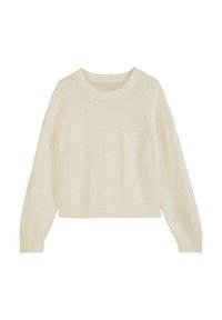 Cremfarbener, verkürzter Pullover mit einem strukturierten Strickmuster, gerippten Bündchen und rundem Halsausschnitt. Verfügt über lange Ärmel und einen lässigen Schnitt.