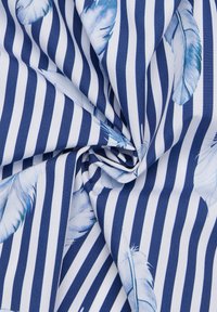Navy and white striped fabric featuring delicate light blue feather patterns, smooth texture, and woven appearance.