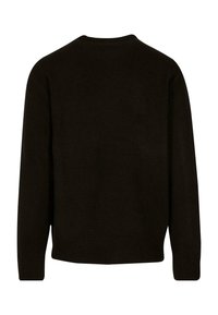 Schwarzer Strickpullover mit rundem Halsausschnitt und langen Ärmeln. Rippbündchen und Saum, weiche Textur, ohne sichtbare Muster oder Verzierungen.