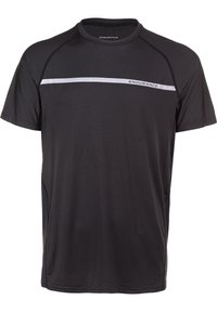Sort atletisk T-shirt lavet af letvægtsstof, med rund hals, korte ærmer og en refleksiv sølvstribe hen over forsiden.