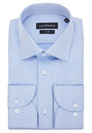 Jasnoniebieska, dopasowana koszula wizytowa z teksturowanej tkaniny. Posiada białe guziki, klasyczny kołnierzyk oraz mankiety na jeden guzik.