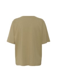 Tricou verde măsliniu, cu mâneci scurte, guler rotund, din bumbac moale, cu un fit lejer și lățit, prezentând detalii de cusătură minime pe tiv.