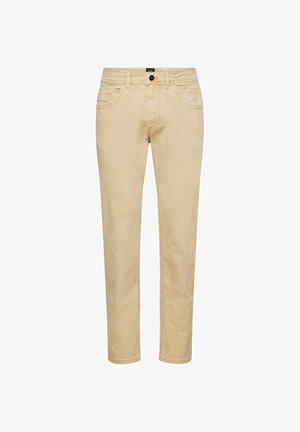 Beige bukser med lige ben, forrest med knap og lynlås, bæltestropper og fem lommer, lavet af bomuldsstof.