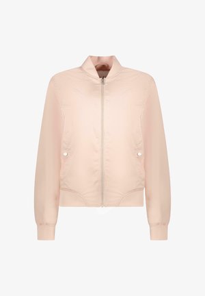 Lichtroze bomberjack met ritssluiting aan de voorkant, ronde kraag en geribbelde manchetten. Glad stof met zijdrukknopdetails en geborduurde accenten.