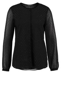 Blusa nera con maniche lunghe e trasparenti, caratterizzata da un sottile motivo a pois. Collo rotondo e taglio dritto con un dettaglio di spacco frontale.