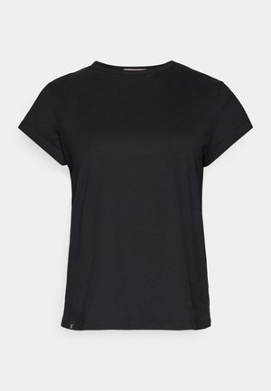 T-shirt noir à manches courtes en tissu doux avec un col rond et une coupe droite. Détail de logo discret sur le bord.