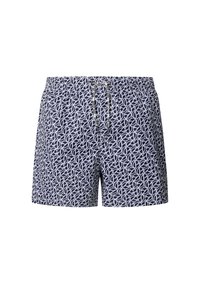Shorts da nuoto blu navy con un motivo geometrico bianco. Vita elastica con cordino, tessuto leggero e taglio lungo fino al ginocchio.