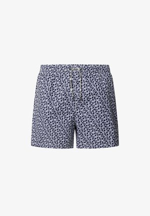 Marinefarbene Badeshorts mit einem weißen geometrischen Muster. Elastischer Bund mit Kordelzug, leichtes Material und knielanger Schnitt.