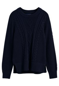 Granatowy sweter dziergany z okrągłym dekoltem, ozdobiony wzorami z warkoczy i teksturowaną powierzchnią. Boczne rozcięcia przy dole.