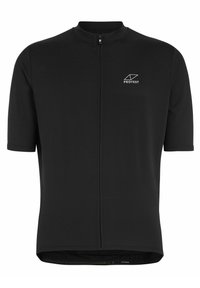 Maillot de cyclisme noir à manches courtes, col haut et fermeture éclair sur toute la longueur. Présente un petit logo blanc sur la poitrine. Fabriqué en tissu à évacuation de l'humidité.