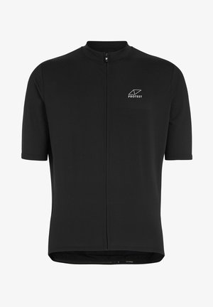 Sort cykeltrøje med korte ærmer, høj krave og fuld frontlynlås. Har et lille hvidt logo på brystet. Fremstillet af fugttransporterende stof.