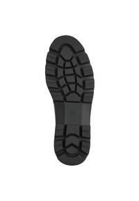 Suola di scarpa in gomma nera con motivi di battistrada testurizzati; include creste, scanalature e sezioni rialzate per aderenza; contrassegnata con la taglia 37.