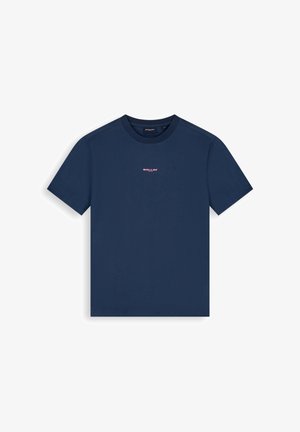 Heren T-shirt in marineblauw met korte mouwen, ronde hals en een klein roze "BALLIN'" logo in het midden op de borst.
