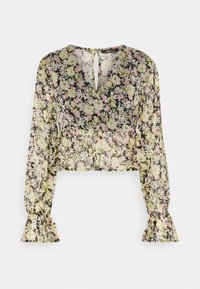 Langärmlige Blumenbluse mit gerafftem Saum und Bündchen, V-förmiger Schlüssellochöffnung am Rücken, in zarten Pastellfarben Gelb, Pink und Schwarz.