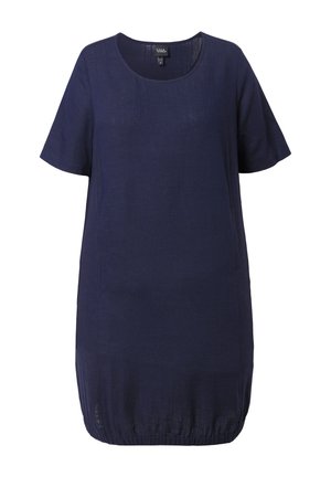 Navyblå kortærmet tunika-kjole med rund halsudskæring og elastisk kant, lavet af letvægtsstof.