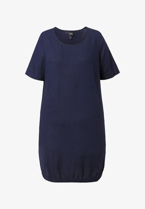 Robe tunique bleu marine à manches courtes avec encolure ronde et ourlet élastiqué, confectionnée en tissu léger.