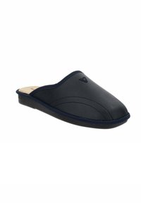 Pantofole in pelle blu navy con finitura liscia, punta tondeggiante e dettagli cuciti lungo il bordo superiore e la suola.